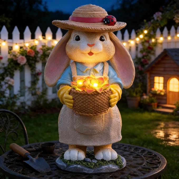 11" Rabbit Solar Garden Decor Bunny Outdoor Statue with Light | Gift Idea Light Decorations for Yard Garden Patio Mom Gift