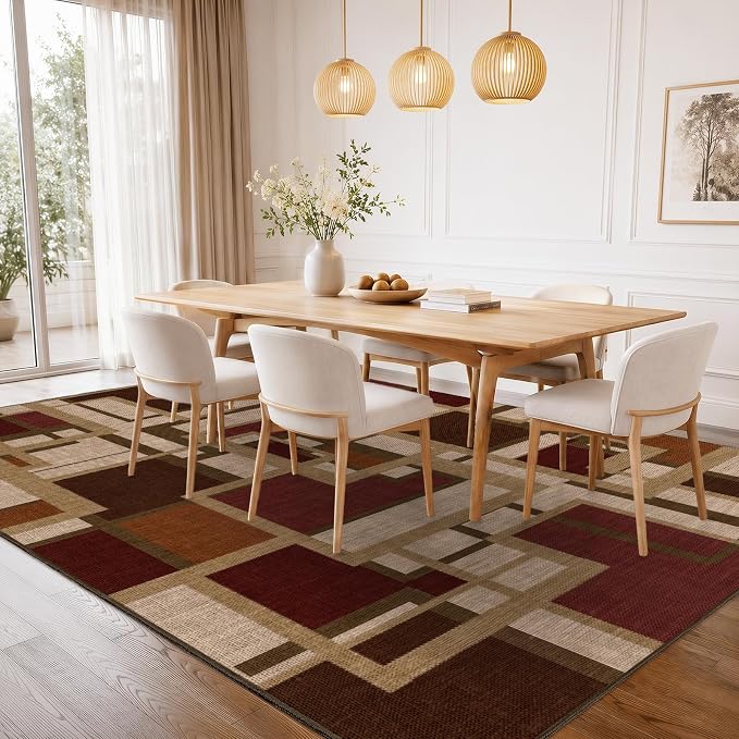 Modern Geometric 8x10 Area Rugs for Living Room, Red Brown Washable Rug | Contemporary Patchwork Blocks Non-Slip Indoor Carpet for Bedroom Dining Room Office | Abstract Soft Low-Pile Large Rug
