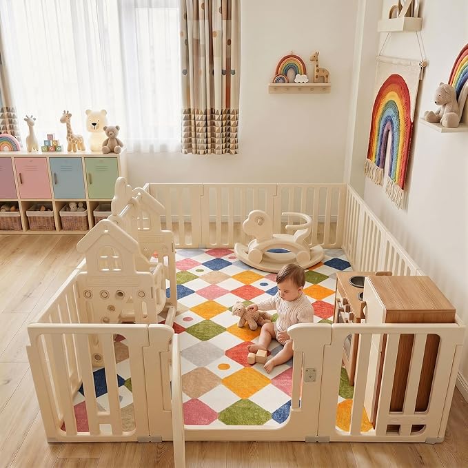 jinchan 5x7 Nursery Rug Washable Kids Playroom Rug Colorful Classroom Decor | Soft, Non-Slip, Cute, Kid-Friendly, Checkered Diamond Design, Play Mat, Cream Background, Bedroom, Dorm, Daycare, Living Room
