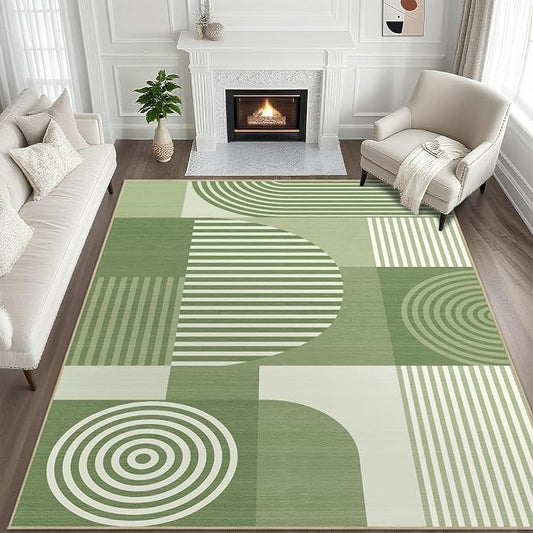 8x10 Area Rug for Living Room Green Geometric Rug Machine Washable Minimalist Line Mid Century Modern Area Rugs Non Slip Low Pile Large Dining Room Indoor Floor Carpet for Bedroom Kitchen Office,Green