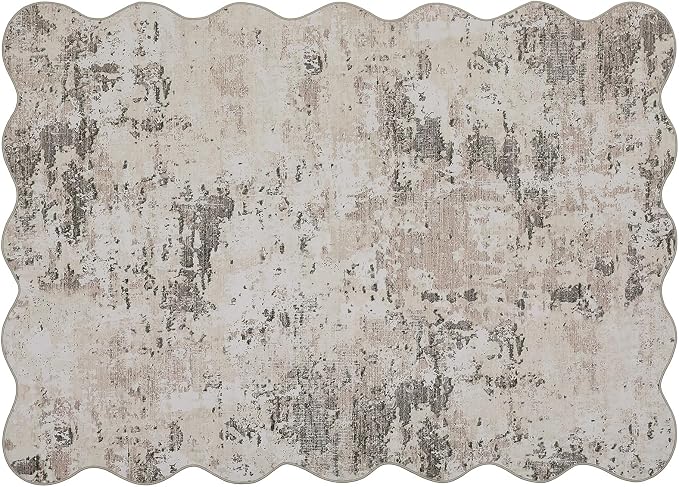 ROYHOME Modern Abstract Scalloped Area Rug 9x12, Brown Grey | Non Slip Non Shedding Rug Low Pile Stain Resistant for Bedroom Living Room