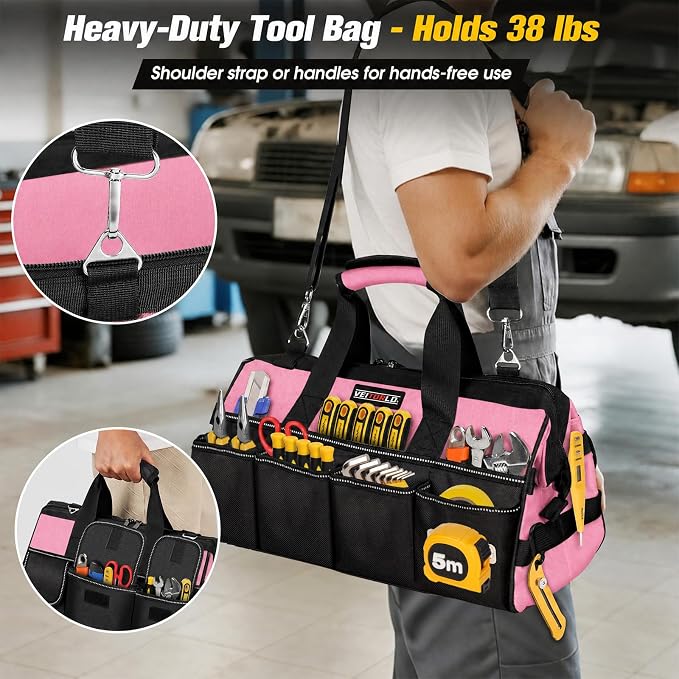 Veitorld 16-Inch Tool Bag Tool Box Organizer, Heavy Duty Tool Organizer with 19 Pockets, Wide Mouth Design for Easy Access, Portable Tool Tote Gift for Women and Men, Garage, Workshop, Pink
