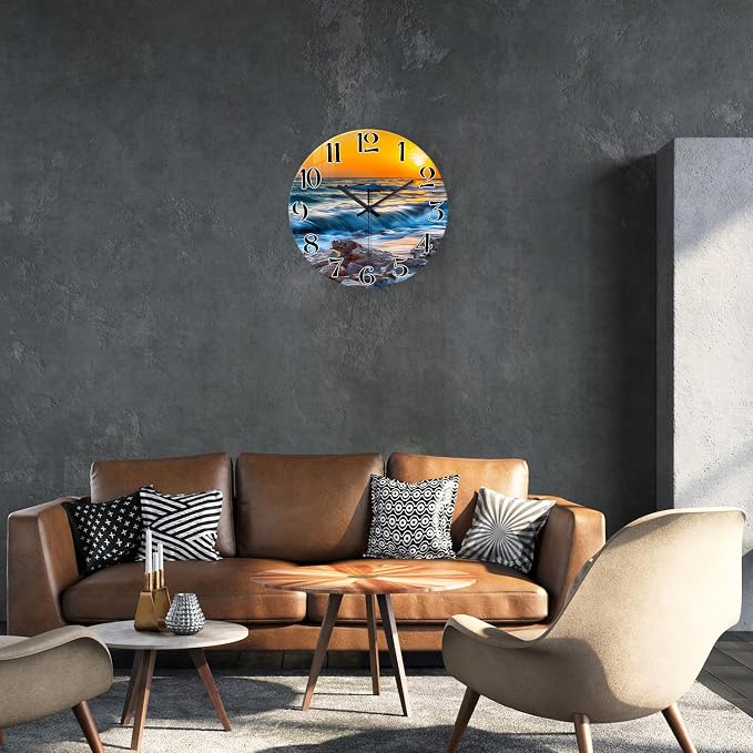 Blue Beach Wall Clocks Battery Operated 14 Inch | Analog Coastal Wall Clock for Bedroom Living Room Kitchen Glass Wall Clock Silent Non Ticking
