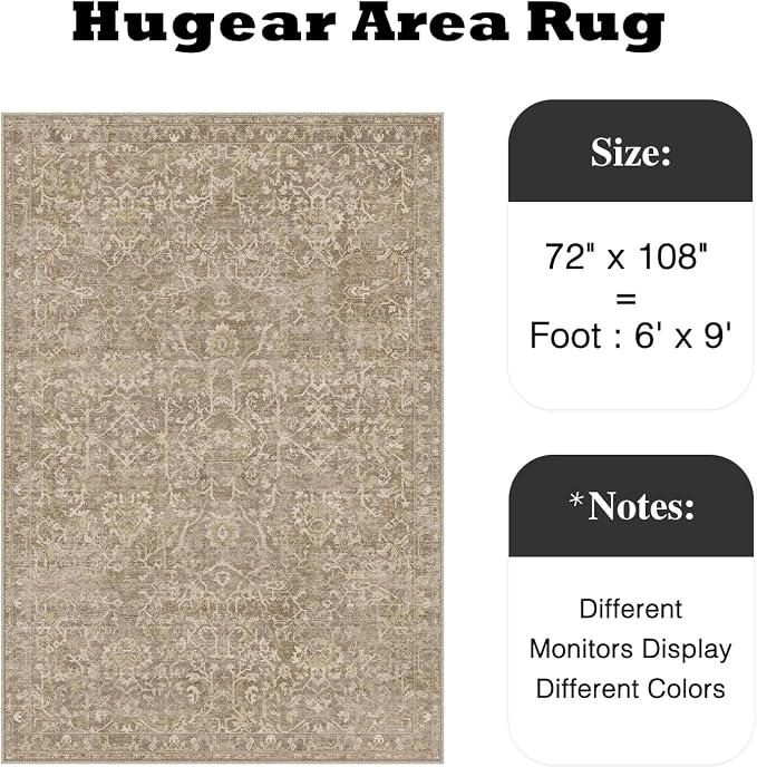 6x9 Light Brown Vintage Floral Washable Area Rug for Living Room | Low Pile, Non Slip, Retro Style, Soft Distressed Indoor Rug for Bedroom, Dining Room, Kitchen, Entrance, Home Decor
