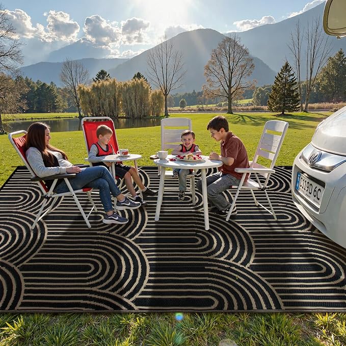 Lahome Black Outdoor Rugs 8x10 Waterproof,Boho Outdoor Porch Rug for Camping, Plastic Straw Stain Resistant Mats for Outside Rv Beach Backyard Garden Under Awning(Black,8'x10')