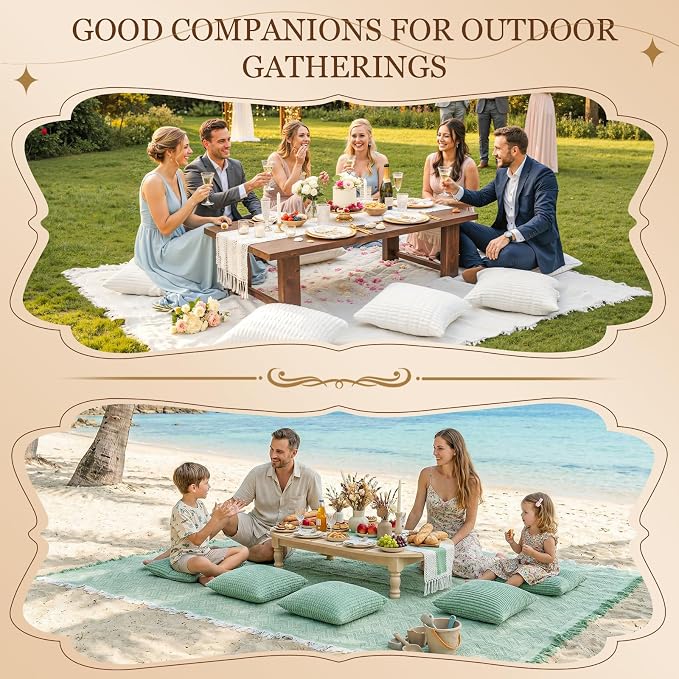 Extra Large Outdoor Boho Picnic Blanket with Table Runner and 6 Throw Pillows Covers for Outdoor Essentials Beach Accessories Basket Set Oversized Manta Yard Outside Mat Wedding Party Decor Pink
