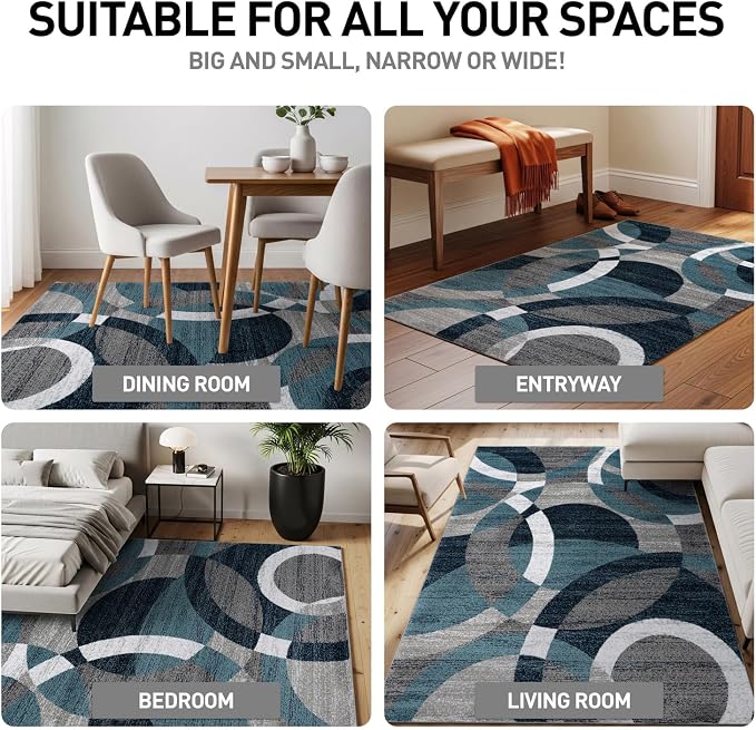 Rugshop Abstract Circles Contemporary High Traffic Round Rug Blue 6'6" | Round, Living Room, Bedroom, Dining Room, Home Office, Kitchen, Entryway, Hallway, Nursery, Kids Room, Guest Room