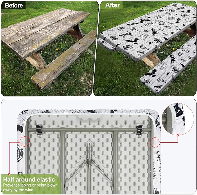 Picnic Table Cover with Bench Covers Camping Essentials Waterproof Windproof Camping Tablecloth with Drawstring Bag, Fitted Rectangle Tables and Seats, 96in, White