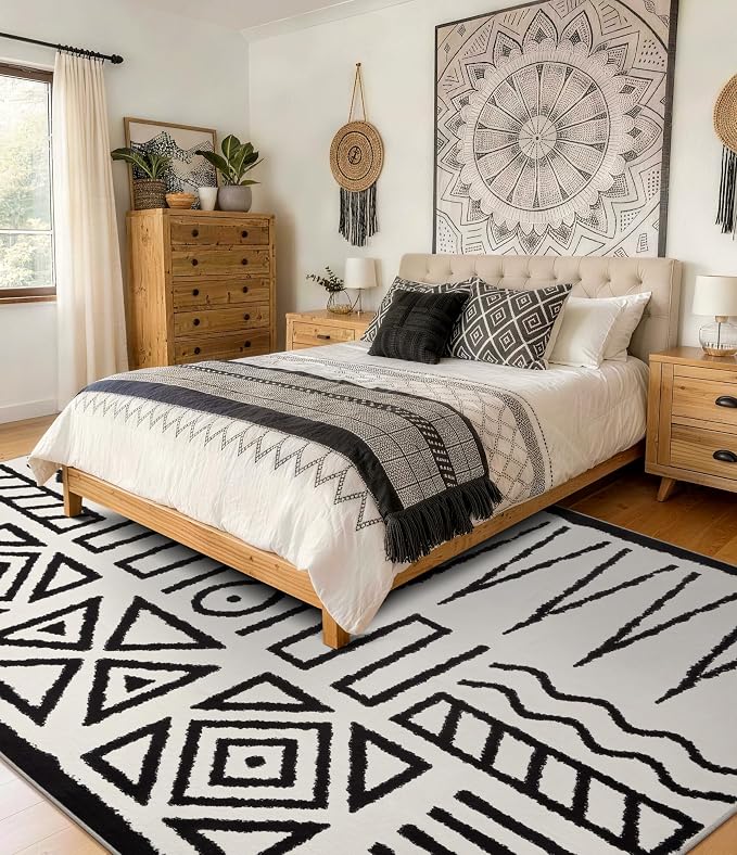 Living Room Rug 5x7- Black and Cream Rug for Bedroom Dining Room, Abstract Modern Washable Non-Slip Ultra-Thin Area Rug Symbol,5x7ft