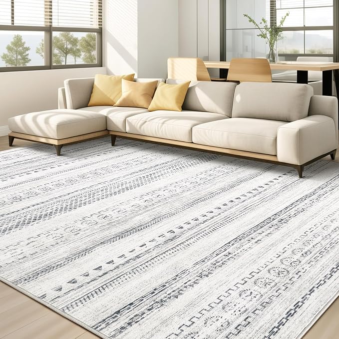kakania Washable 8x10 Area Rug for Living Room: Boho Geometry Home Decor | Soft Stain Resistant, Low-Pile, Non-Slip, Pet & Kid Friendly, Thin Rug for Bedroom/Dining Room/Kids Dorm - Grey