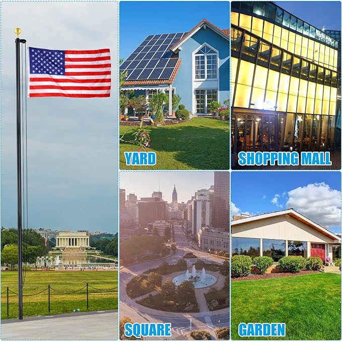 FuWeave Flag Poles for Outside House in Ground 25 ft Sectional Flag Pole Kit Extra Thick 16 Gauge Heavy Duty Aluminum Flag Pole with Gold Ball Top for Residential or Commercial(Black)