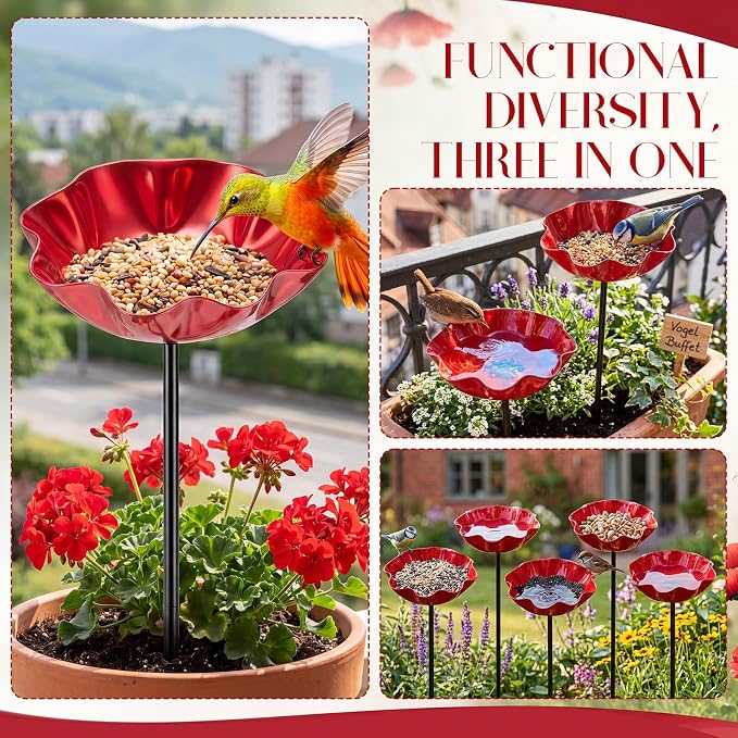 LemonRoad 6 Pcs Metal Bird Baths for Outdoors Flower Pattern Bird Bath Feeders with Metal Stake for Garden Yard Lawn Outdoor Decor (Red)