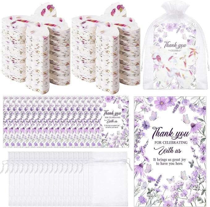 Dunzoom 50 Sets Wedding Gifts for Guests Butterfly Shaped Seed Paper Handmade Flower Petals Tags Plantable Wildflower Seed Paper Recycled Thank You Cards and Organza Bags for Bridal Party Favors