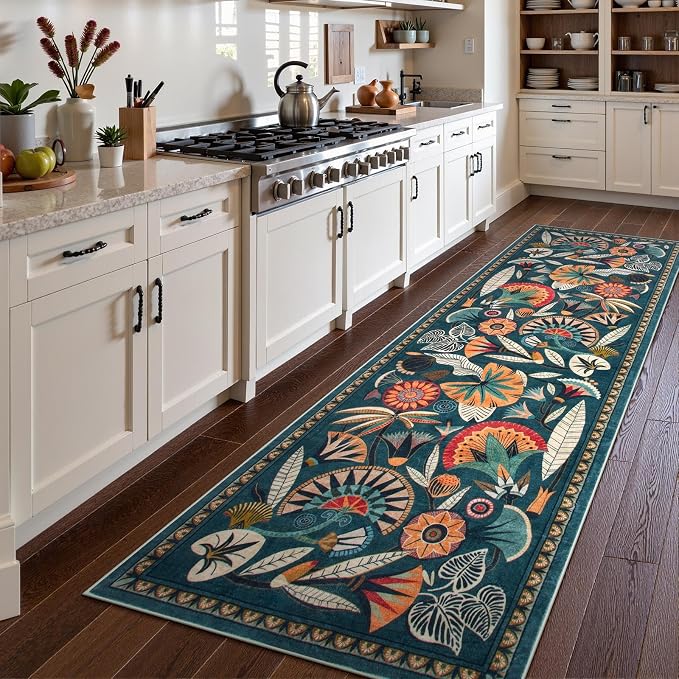 Zealude Boho Washable Green Bathroom Kitchen Runner Rug, 2x8 Egypt Hallway Entryway Rug Runner, Non Slip Botanical Floral Vintage Carpet for Entry Living Laundry Room (Dark Green, 2 x 8)