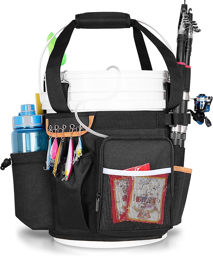 GOBUROS Fishing Bucket Organizer for 5 Gallon Bucket(Bucket not Included) | Fish Bucket Storage Caddy with Adjustable Buckle, Rod and Plier Holder and Multi-Pockets for Fishing Gear