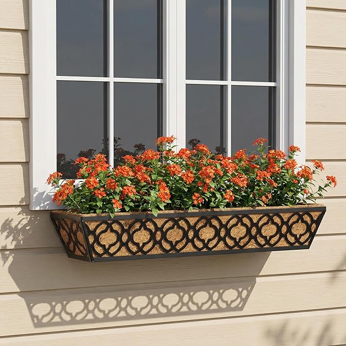 Y&M 6-Pack 30 Inch Railing Planter Boxes, Hanging Balcony Planter, Adjustable Deck Railing Planter Box, Metal Window Boxes Outdoor for Fence, Porch