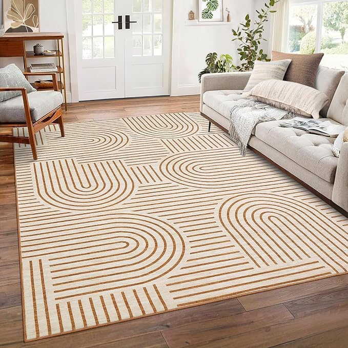 ROYHOME Modern Washable Rug 6x9 Area Rugs for Living Room Non Slip, Orange | Abstract Rug for Bedroom, Rainbow Throw Rugs with Rubber Back, Low Pile Stain Resistant Boho Geometric Carpet for Dining Room
