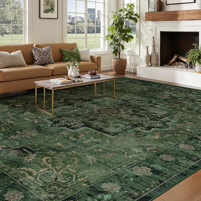 Large Vintage Area Rugs 9x12 for Living Room, Dark Green Tranditional Distressed Medallion Printed Big Carpet Rugs for Bedroom, Washable Non Slip Low Pile Thin Rugs for Dining Room