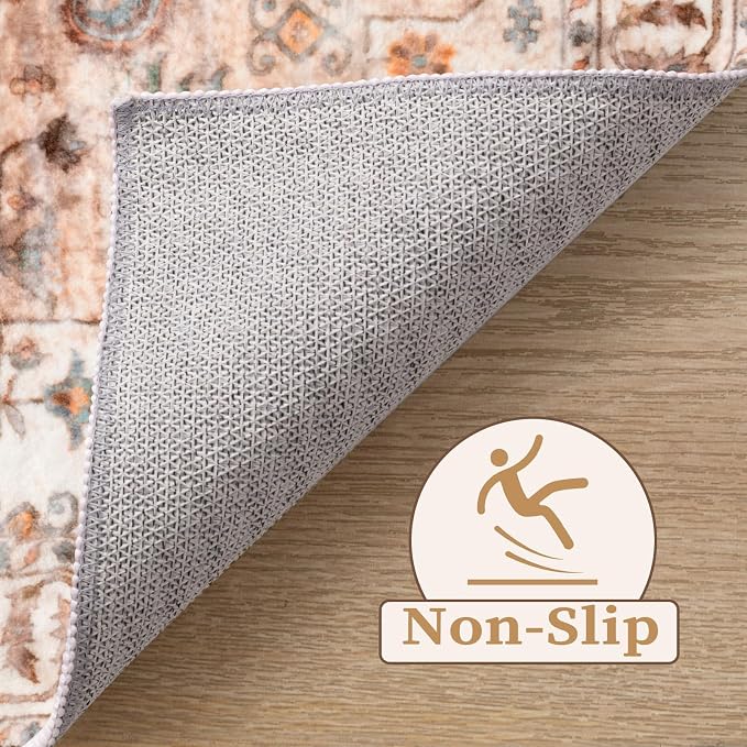 SERISSA 2x3 Washable Non Slip Boho Small Area Rug for Entryway，Peach Cream | Ultra Soft Vintage Oriental Carpet Low-Pile Tribal Indoor Mat for Bedroom Kitchen Bathroom Entrance Floor
