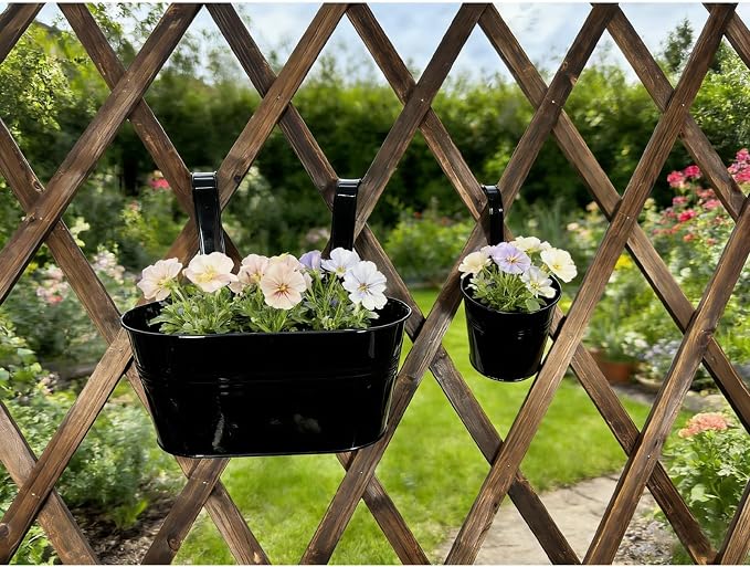 Pack of 8 Metal Hanging Planters for Outdoor Plants, 4 Pcs 4" Round Railing Planter & 4 Pcs 10" Oval Fence Flower Pots for Balcony Garden Decor, Black