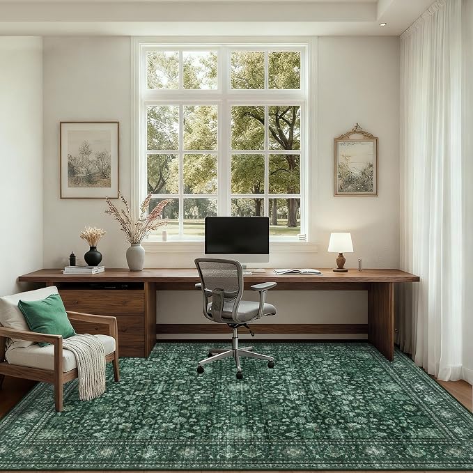 4x6 Area Rugs Living Room: Washable Rug for Bedroom Deep Green | Boho No Slip Stain Resistant Rug Soft Indoor Decor Floor Floral 4x6 Area Rugs for Dining Room, Nursery, Hallway, Home Office