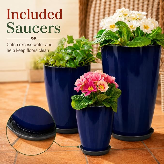 Neoaider Set of 3 Tall Planter, 24/21/12in Large Plastic Planter, Blue | Ceramic-Look, Lightweight, Built-in Drain Hole, Saucers, Tall Outdoor Planter for Porch, Garden, Patio, Balcony