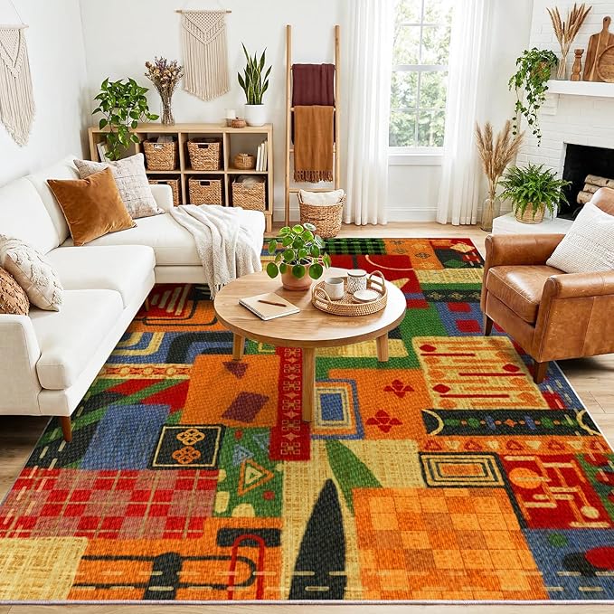 Geometric 6x9 Area Rugs for Living Room, Burnt Orange Washable Large Rug | Non Slip Low Pile Boho Geometric Colorful Rugs for Bedroom| Indoor Carpet for Office Nursery Dining Room Entryway Home Decor