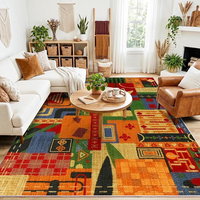 Geometric 9x12 Area Rugs for Living Room, Burnt Orange Tribal Patchwork Rug | Non Slip Indoor Carpet for Bedroom Dining Room Office Home Decor| Southwestern Rustic Rug| Abstract Soft Low Pile Large Rug