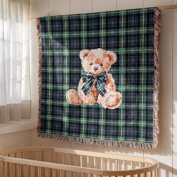 Moukeren 60 x 50 Inch Tartan Plaid Bear Baby Woven Tapestry Throw Blanket Green Blue Scottish Tartan Throw Blanket with for Office Bed Living Room Bedroom Sofa Chair Couch Crib