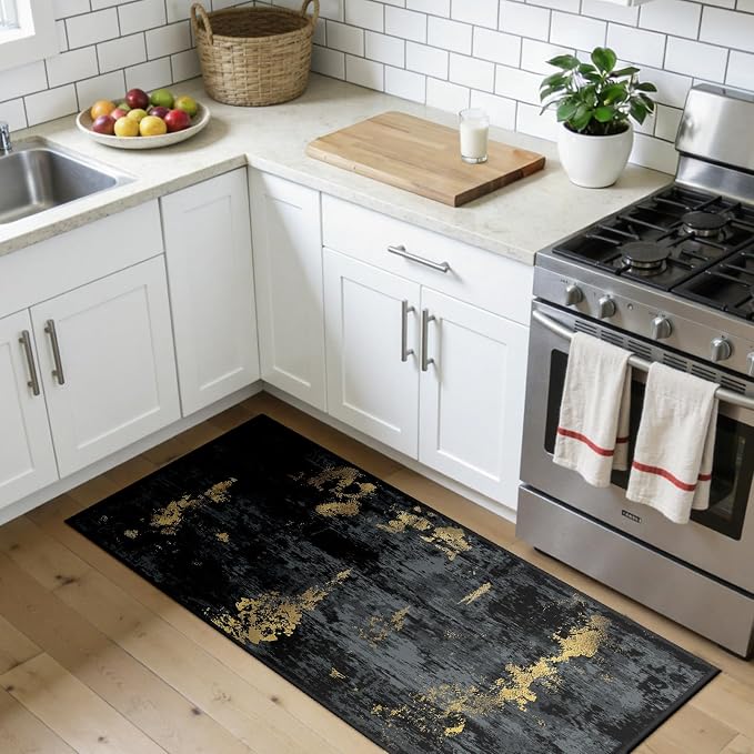 RELEANY Washable 2'x5' Abstract Area Rug for Living Room Black Gold | Carpet for Bedroom, Kitchen, Office, Hallway and Entryway, Printed Pattern, Non‑Slip, Soft, Stain‑Resistant, Easy to Clean