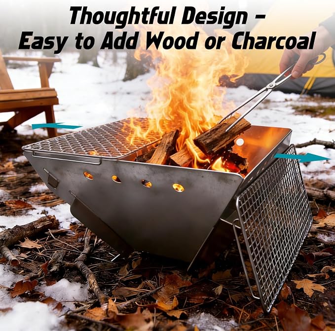 Stainless Steel Fire Pit for Camping, Collapsible Fire Pit for Outdoor Use, 2-4 Person Portable Firepit, Tool-Free Assembly, Patio, Bonfire, Picnic and BBQ with Grill Net & Canvas Storage Bag