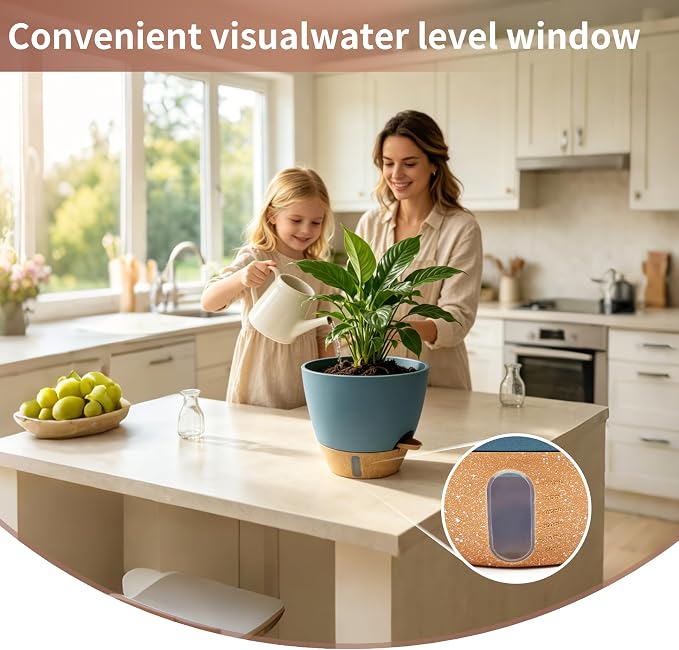 12"/10"/9"/8" Self Watering Pots with Visual Water Window,Extra Large Self Watering Plant Pots with Drainage Holes & Saucers,Blue Planters for Indoor Plants,4-Pack