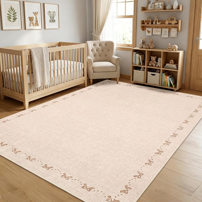 COZYLOOM 8x10 Area Rugs for Living Room Modern Bow Border Rug with Non Slip Backing, Non Shedding Low Pile Washable Rug Stain Resistant Foldable Mats for Dining Room, Bedroom, Office, Beige