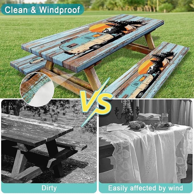 Picnic Table Cover with Bench Covers, 30x72 inch Waterproof Outdoor Camping RV Essentials Fitted Picnic Rectangle Table Cloth, Teal Brown Wood Texture Fitted Picnic Tablecloth with Elastic