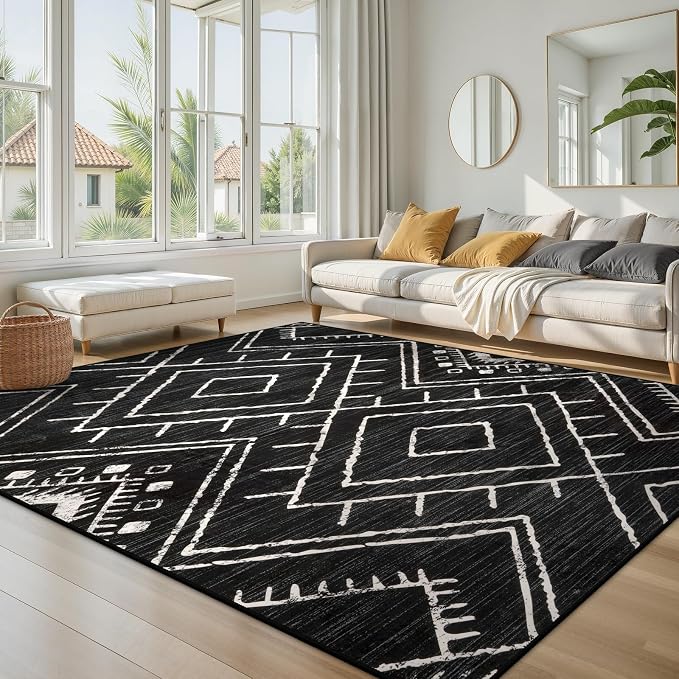 LIVEBOX Moroccan 8x10 Area Rug, Black Washable Rugs for Living Room Bedroom, Non Slip Western Tribal Rug Low Pile Geometric Large Area Rugs Diamond Carpet for Dining Room Home Office Decor Playroom