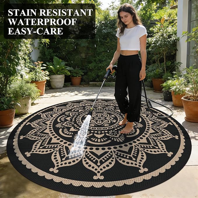 Bsmathom Waterproof Outdoor Rug, 8ft Round, Black | Reversible, Boho Plastic Straw, Portable RV Mat, For Patio, Deck, Camping, Porch, Balcony, Backyard, Beach, Pool