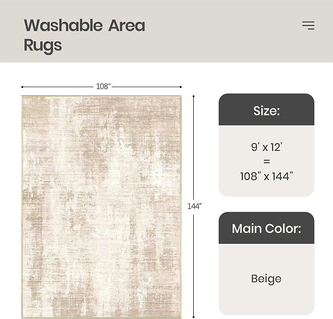 Valenrug 9x12 Area Rug Non Slip, Large Washable Rugs for Living Room Beige | Soft Thin & Lighweight, Folable, Stain Resistant Low Pile Non Slip Modern Distressed Carpet Rugs for Bedroom, Dining Room