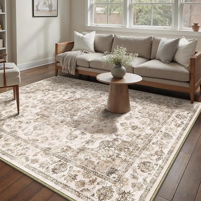 10x12 Brown Neutral Area Rug | Washable, Non Slip, Soft Low Pile, Vintage Farmhouse, Large, for Living Room Bedroom Dining Room Office Indoor Home Decor