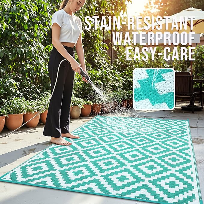 OLANLY Waterproof Outdoor Rug 9x18 ft, Outdoor Plastic Straw Rug for Camping, RV Mat Outside, Outdoor Carpet for Porch, Deck, Backyard, Balcony, Picnic, Turquoise & White