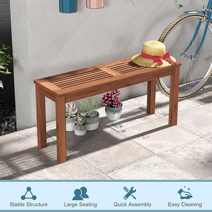 Wooden Outdoor Bench, 2-Seater Backless Garden Bench, Solid Weatherproof Wood Frame for Outdoors, 39.5” Long Slatted Patio Bench for Entryway, Porch, Backyard, Lawn, Natural