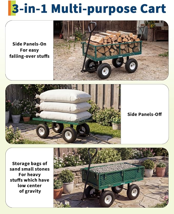 Garvee Versatile Outdoor Utility Cart-400LBS Heavy-Duty, 10" All-Terrain Pneumatic Tires, Easy Maneuverable Lawn Cart with Removable Mesh Panels for Gardening&Landscaping, Green, with Waterproof Liner