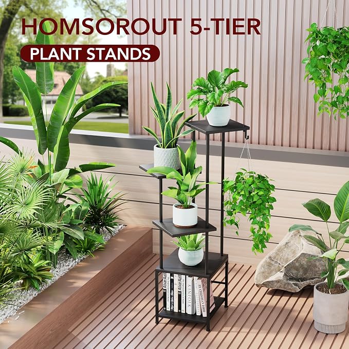 Homsorout Plant Stand Indoor with Grow Light - 5-Tier Metal Plant Shelf with Hanging Basket Hook, Corner Tall Flower Holder for Multiple Plants, Living Room Balcony Garden Patio, Black