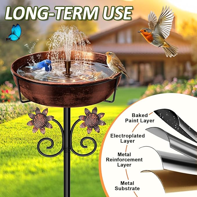 3" Deep Metal Bird Bath for Outside, Removable 12" Dia Vintage Bird Baths Bowl for Outdoors with Stable 5-Prong Stake, 37" H Freestanding Birdbath for Garden Patio Yard Lawn (Brush Bronze)