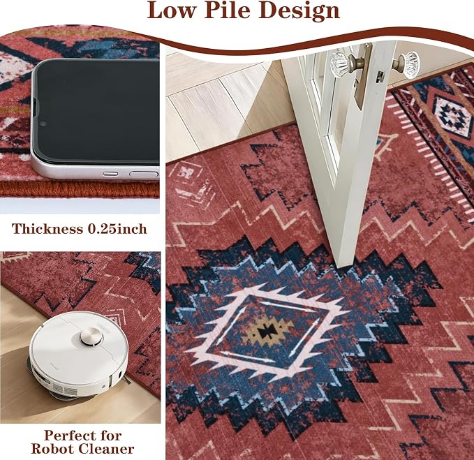 Yinhua Western 8x10 Rugs for Living Room, Aztec Washable Area Rug Low-Pile | Soft Rust Large Area Rug Non-Slip with Rubber Backing, Fall Non-Shedding Carpet for Office Nursery