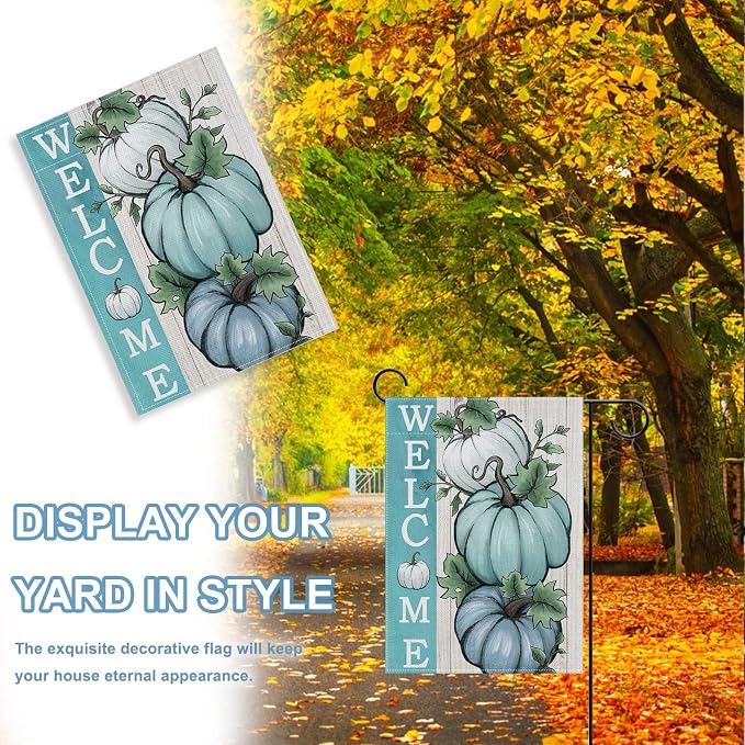 Welcome Fall Teal Blue White Pumpkins Decorative Garden Flag, Autumn Farmhouse Seasonal Yard Outside Decorations, Thanksgiving Burlap Outdoor Small Home Decor Double Sided 12 x 18