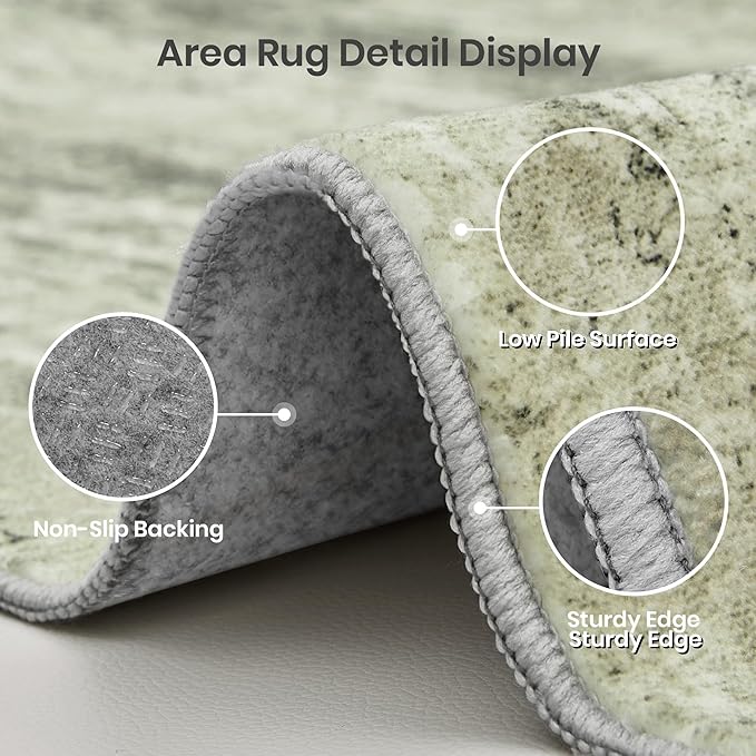 Valenrug 4x6 Area Rug for Entryway, Non Slip Washable Bedroom Rug, Green | Soft & Lighweight, Folable, Stain Resistant Low Pile Thin Indoor Distressed Carpet Rugs for Living Room,Laundry Room,Kitchen