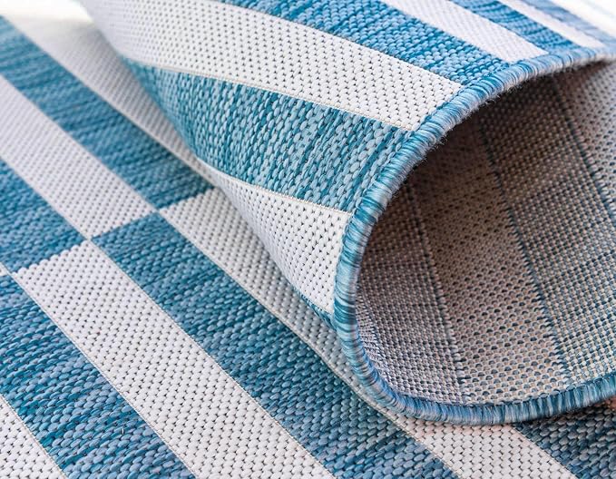 Unique Loom Outdoor Striped Collection Area Rug - Striped (9' x 12' Rectangle, Light Aqua/Ivory)