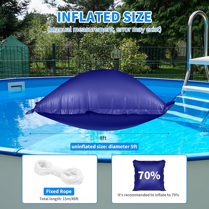 CACSPS Above Ground Pool Pillow - 8x8 Ft Air Pillow for Winterizing, 0.5mm PVC Material, 2X 16.5Ft Rope (Blue)