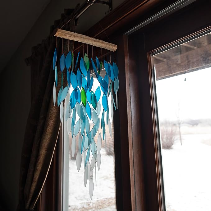Blue Handworks Ocean Ombre Deluxe Waterfall Glass Wind Chime | Handcrafted Deluxe Waterfall Glass Wind Chime with Ombre Gradient from Deep Royal Blue to Soft Aqua and Frosted White