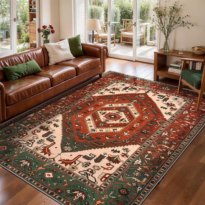 SERISSA Area Rug 3x5 Boho Rugs for Bedroom, Washable Non-Slip Living Room Rug, Ultra Soft Print Distressed Vintage Terracotta Green Rug Low-Pile Throw Carpet for Entry Kitchen Bedroom Nursery Dorm